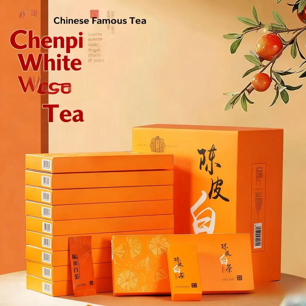 Fujian Tangerine Peel Shoumei White Tea 250g, 5 Gift Boxes (10 Individual Tea Bags per Box), Compressed Flavored Tea, Healthy Portable Tea Gift Set