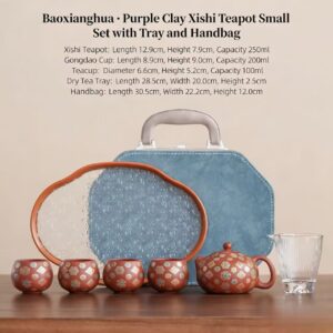 Portable Zisha Teapot Set (Baoxianghua Pattern) - Classic Round Shape, 1 Teapot + 4 Cups + Gongdao Cup + Tea Tray for Outdoor & Travel