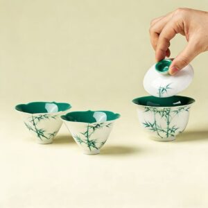 Junxistea Hand-Painted Bamboo Porcelain Gaiwan Set - Zen Tea Cup for Gongfu Brewing