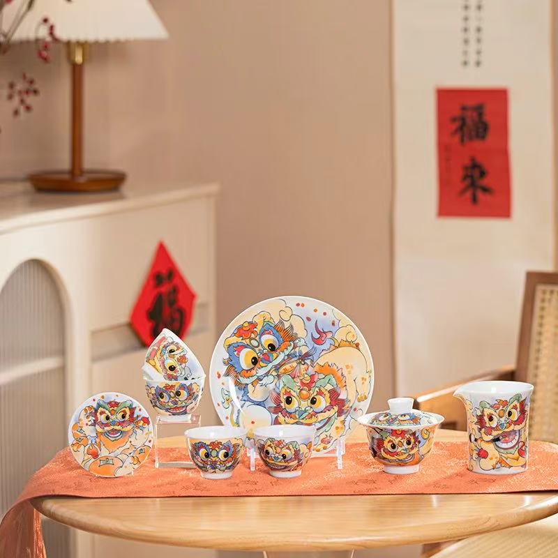 The Serene Guardian: 1380°C Awakening Lion Tea Ceremony Set, Jingdezhen Porcelain