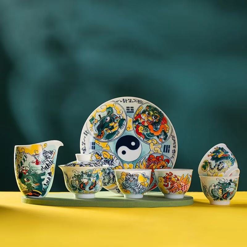 Junxistea Celestial Guardians Four Divine Beasts Porcelain Tea Set - 7 Piece Jingdezhen Collection Four divine beasts tea set