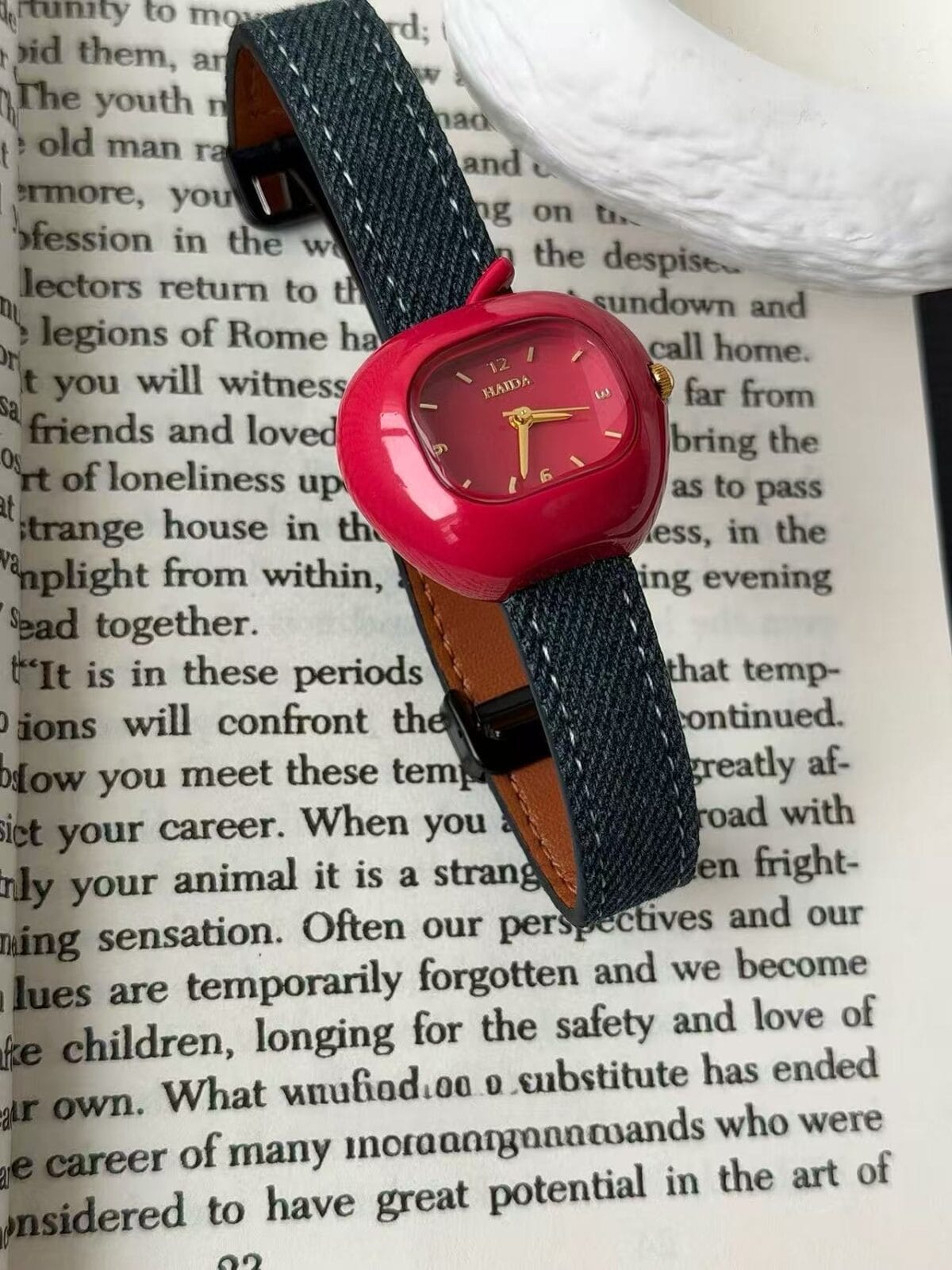 Red Apple & Denim Blue Artistic Magnetic Clasp Watch - Unique Minimalist Fashion for Women