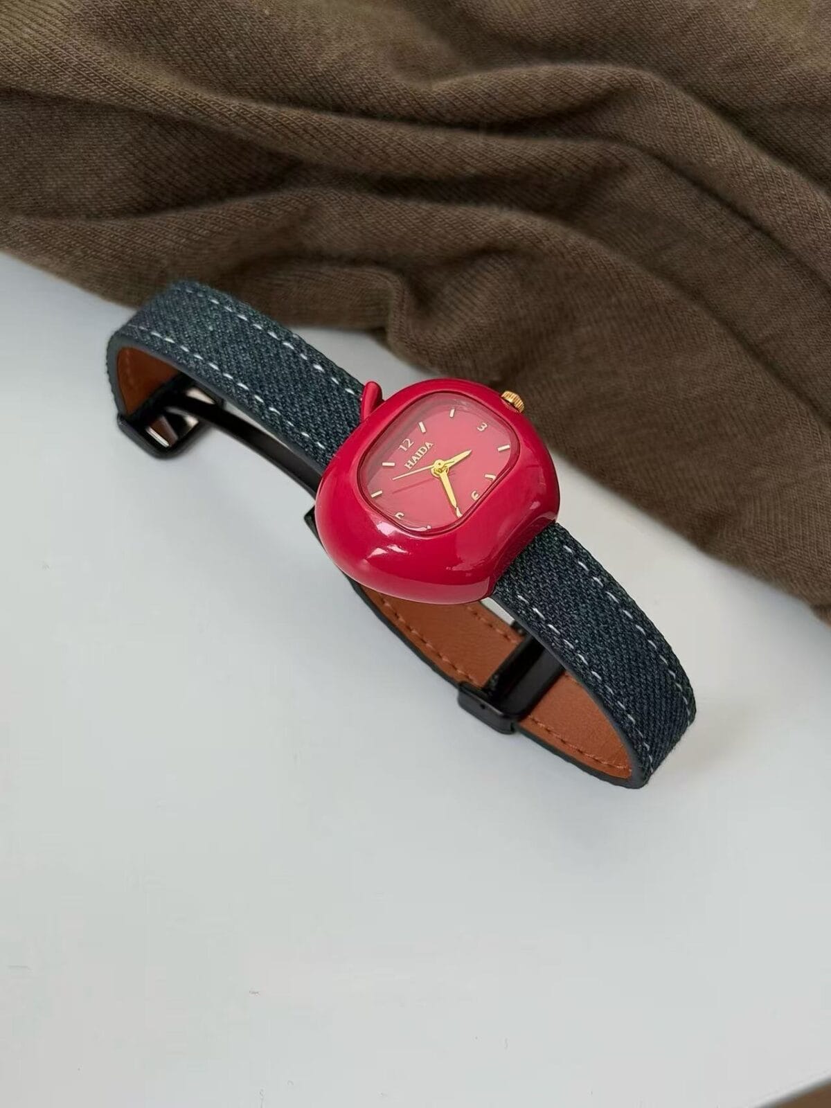 Red Apple & Denim Blue Artistic Magnetic Clasp Watch - Unique Minimalist Fashion for Women