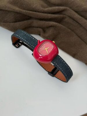Red Apple & Denim Blue Artistic Magnetic Clasp Watch - Unique Minimalist Fashion for Women