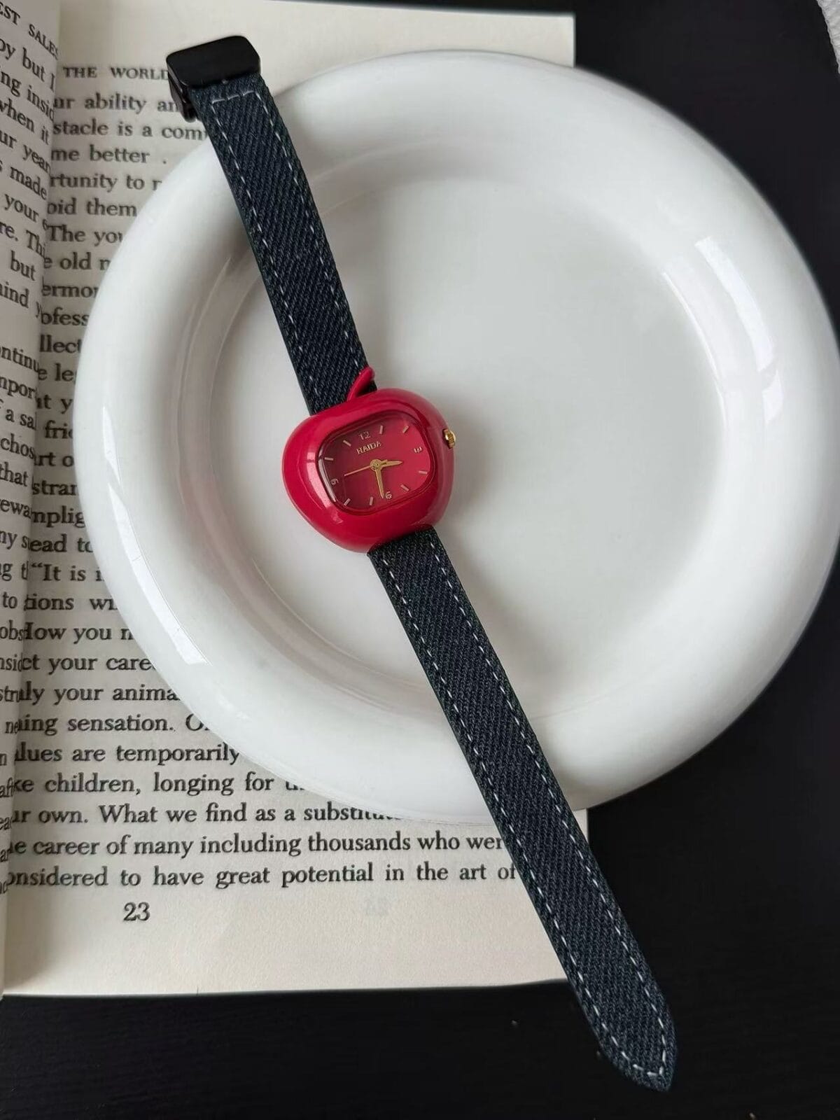 Red Apple & Denim Blue Artistic Magnetic Clasp Watch - Unique Minimalist Fashion for Women