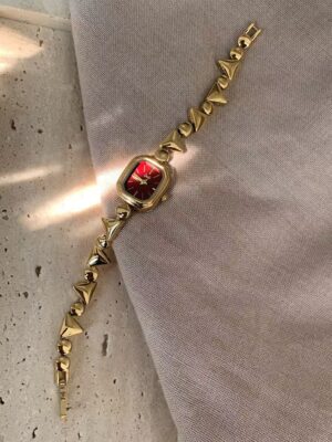 Geometric Retro Style - Gold Square Case with Red Dial Minimalist Designer Watch