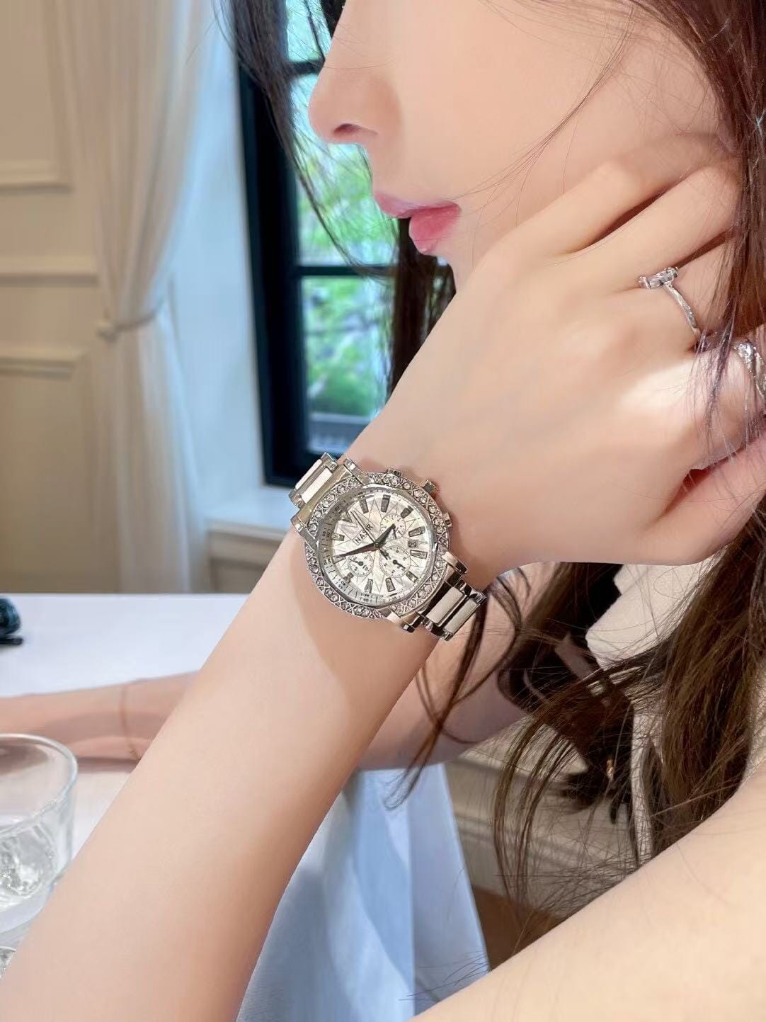 Pearlescent Ceramic Bracelet Watch for Women - Rainbow Mother-of-Pearl Dial & Diamond Accents