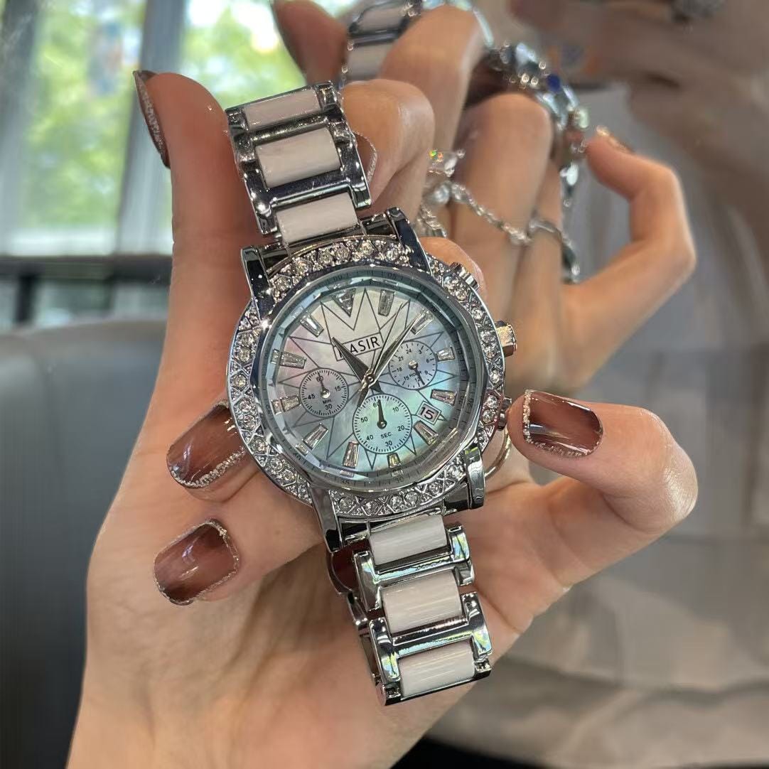 Pearlescent Ceramic Bracelet Watch for Women - Rainbow Mother-of-Pearl Dial & Diamond Accents