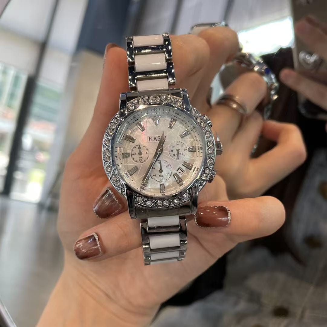 Pearlescent Ceramic Bracelet Watch for Women - Rainbow Mother-of-Pearl Dial & Diamond Accents