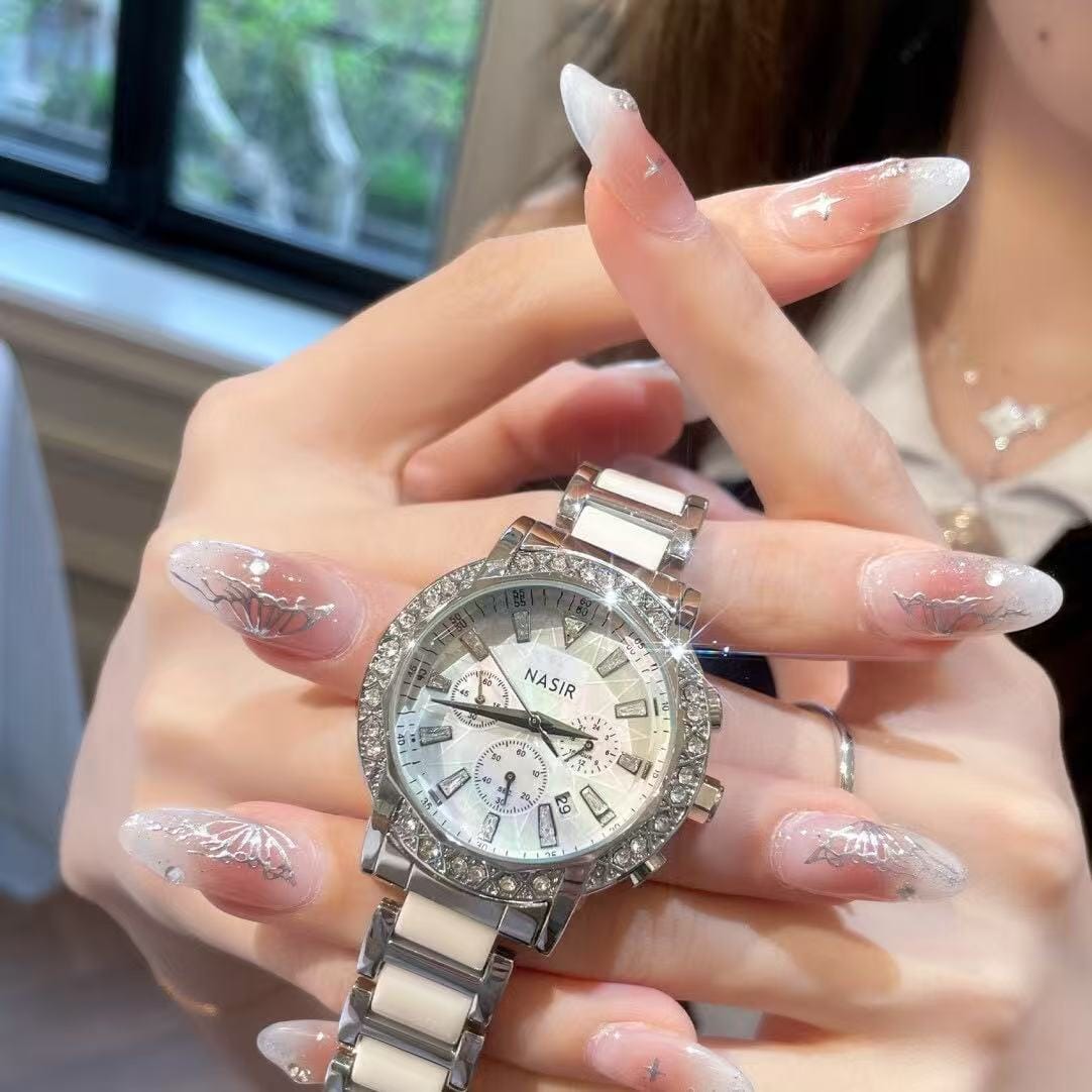 Pearlescent Ceramic Bracelet Watch for Women - Rainbow Mother-of-Pearl Dial & Diamond Accents