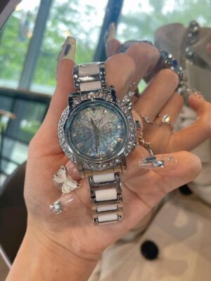 Pearlescent Ceramic Bracelet Watch for Women - Rainbow Mother-of-Pearl Dial & Diamond Accents