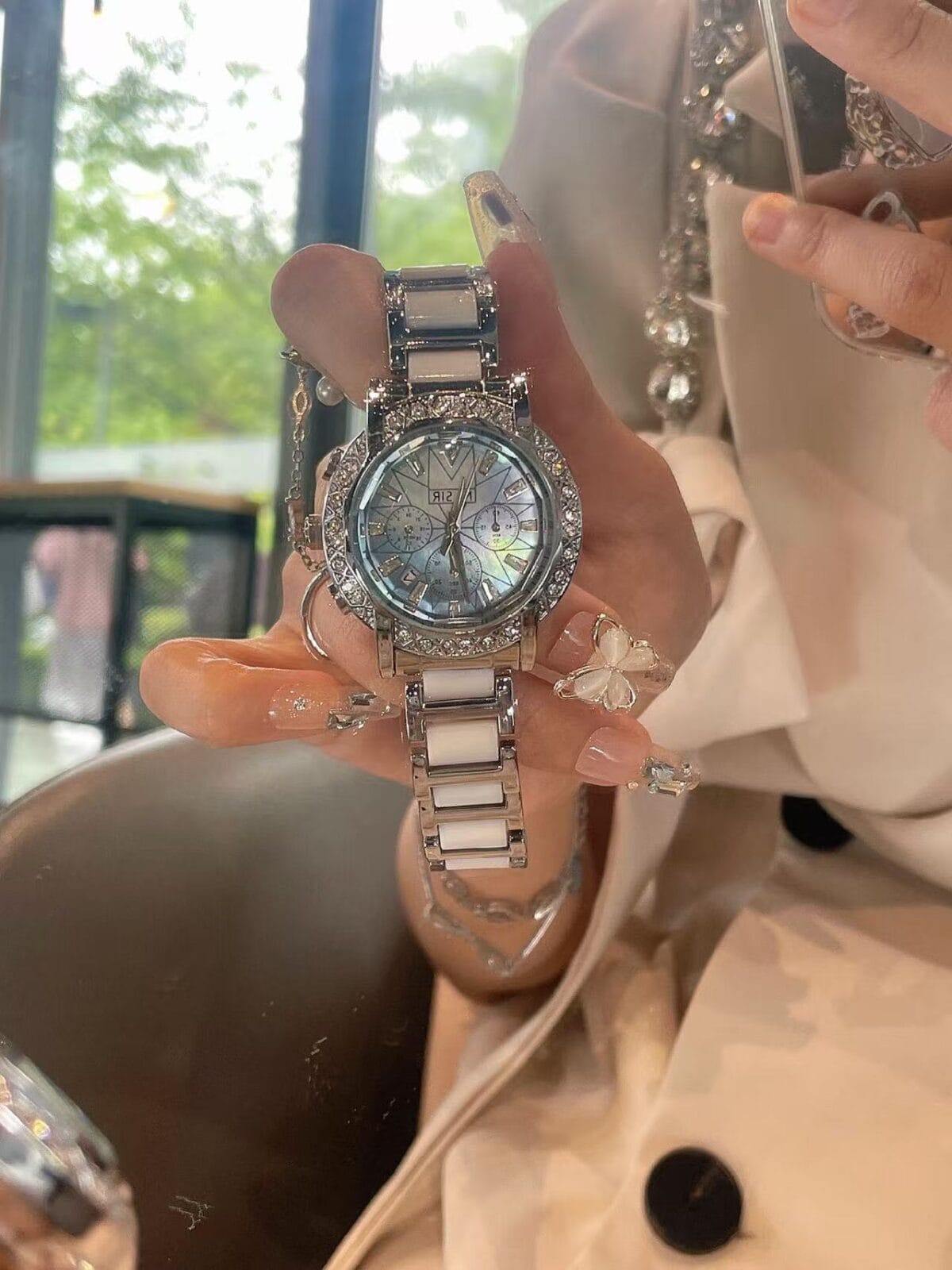 Pearlescent Ceramic Bracelet Watch for Women - Rainbow Mother-of-Pearl Dial & Diamond Accents