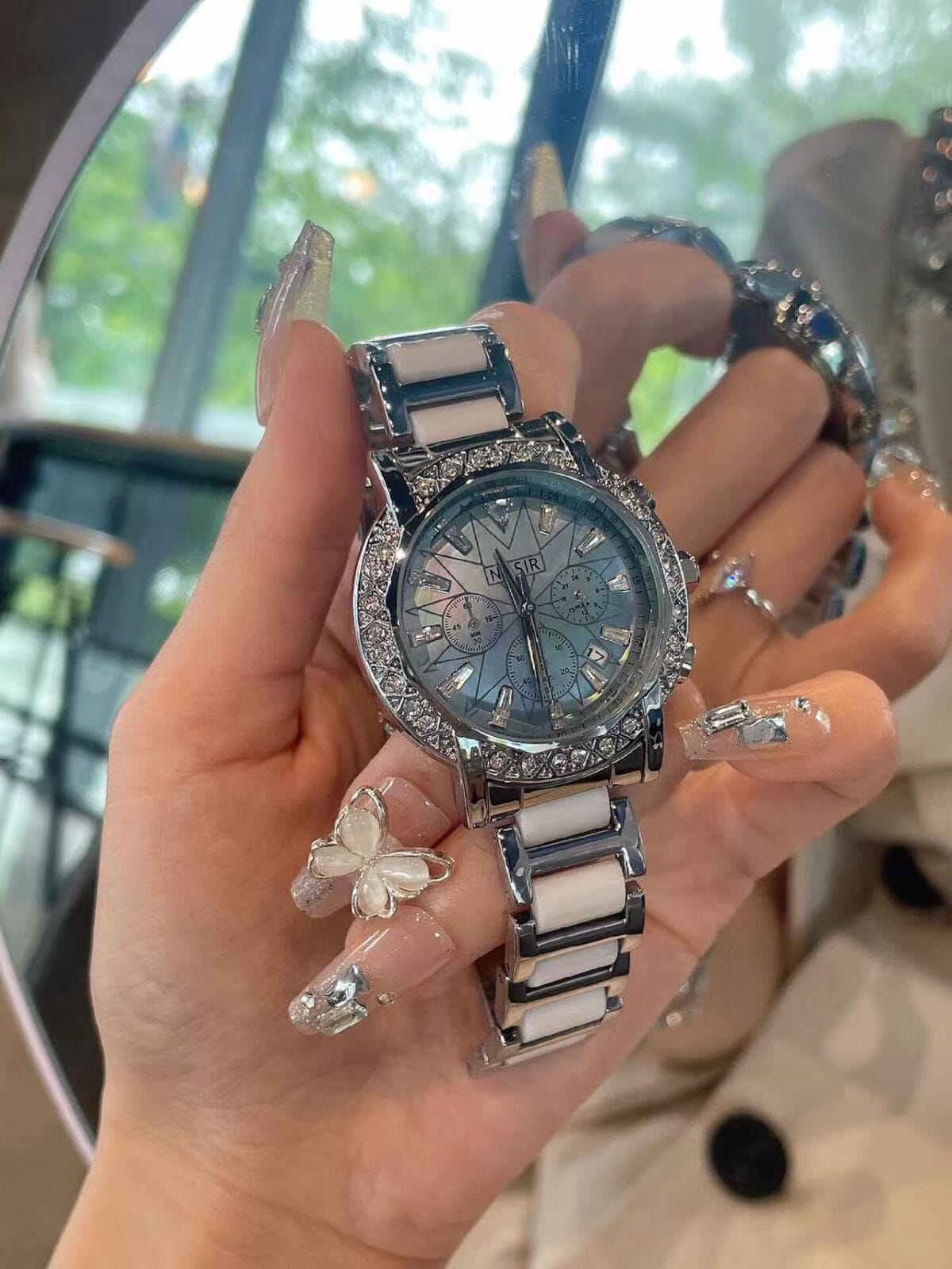 Pearlescent Ceramic Bracelet Watch for Women - Rainbow Mother-of-Pearl Dial & Diamond Accents