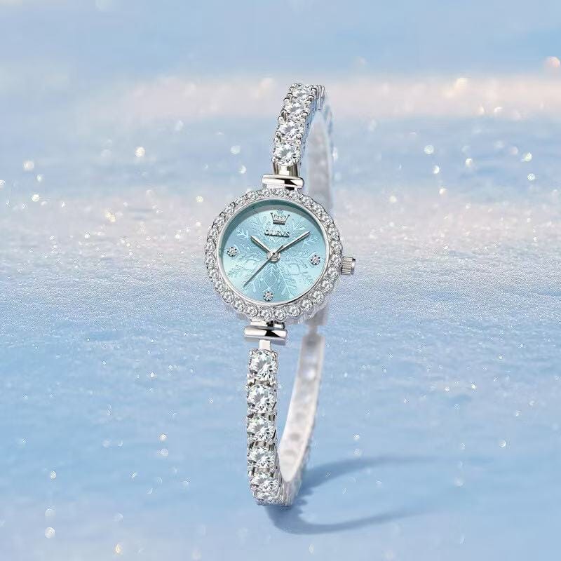 Elegant Crystal-Accented Watch for Women - Frosted Dial in Silver Blue, White & Pink