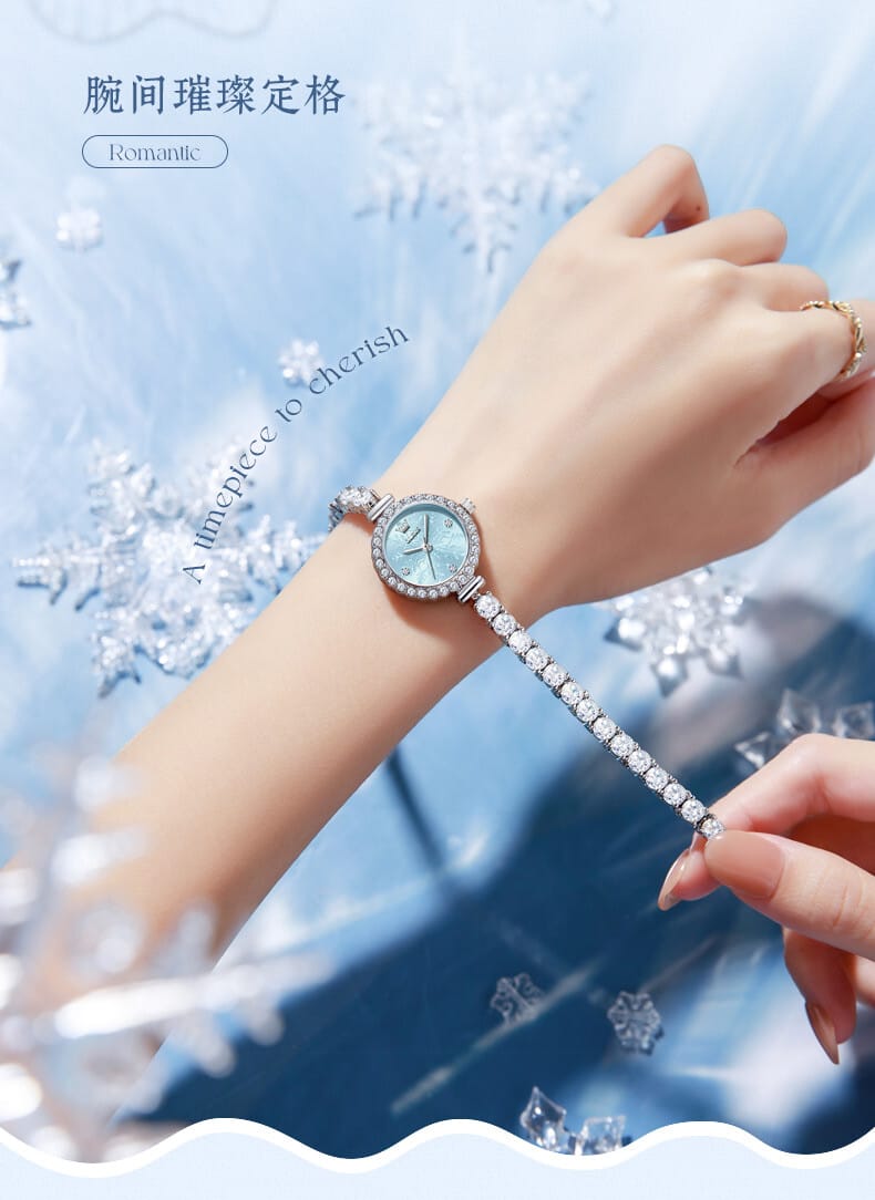Elegant Crystal-Accented Watch for Women - Frosted Dial in Silver Blue, White & Pink