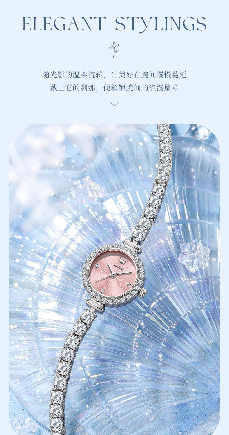 Elegant Crystal-Accented Watch for Women - Frosted Dial in Silver Blue, White & Pink