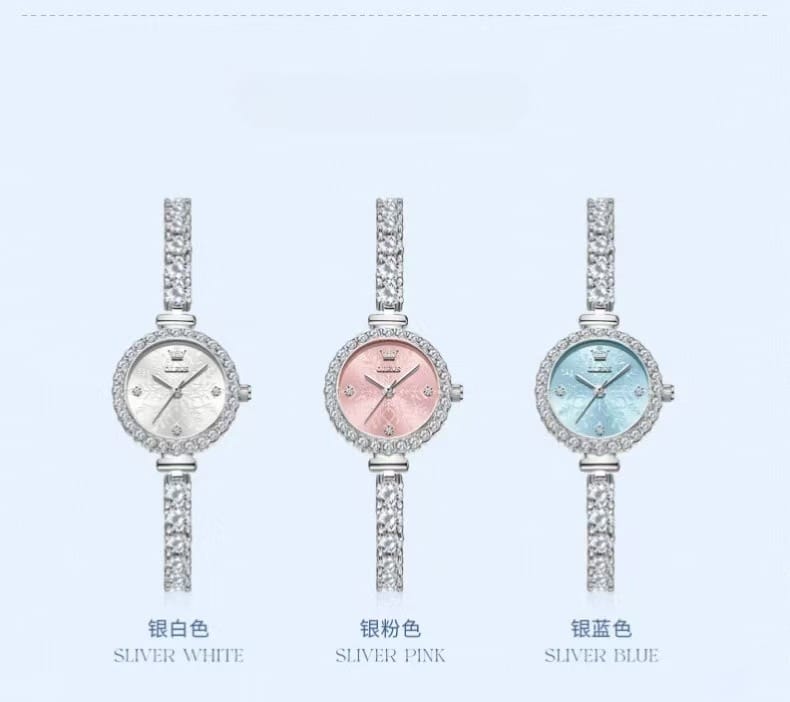 Elegant Crystal-Accented Watch for Women - Frosted Dial in Silver Blue, White & Pink
