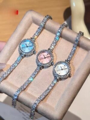 Elegant Crystal-Accented Watch for Women - Frosted Dial in Silver Blue, White & Pink