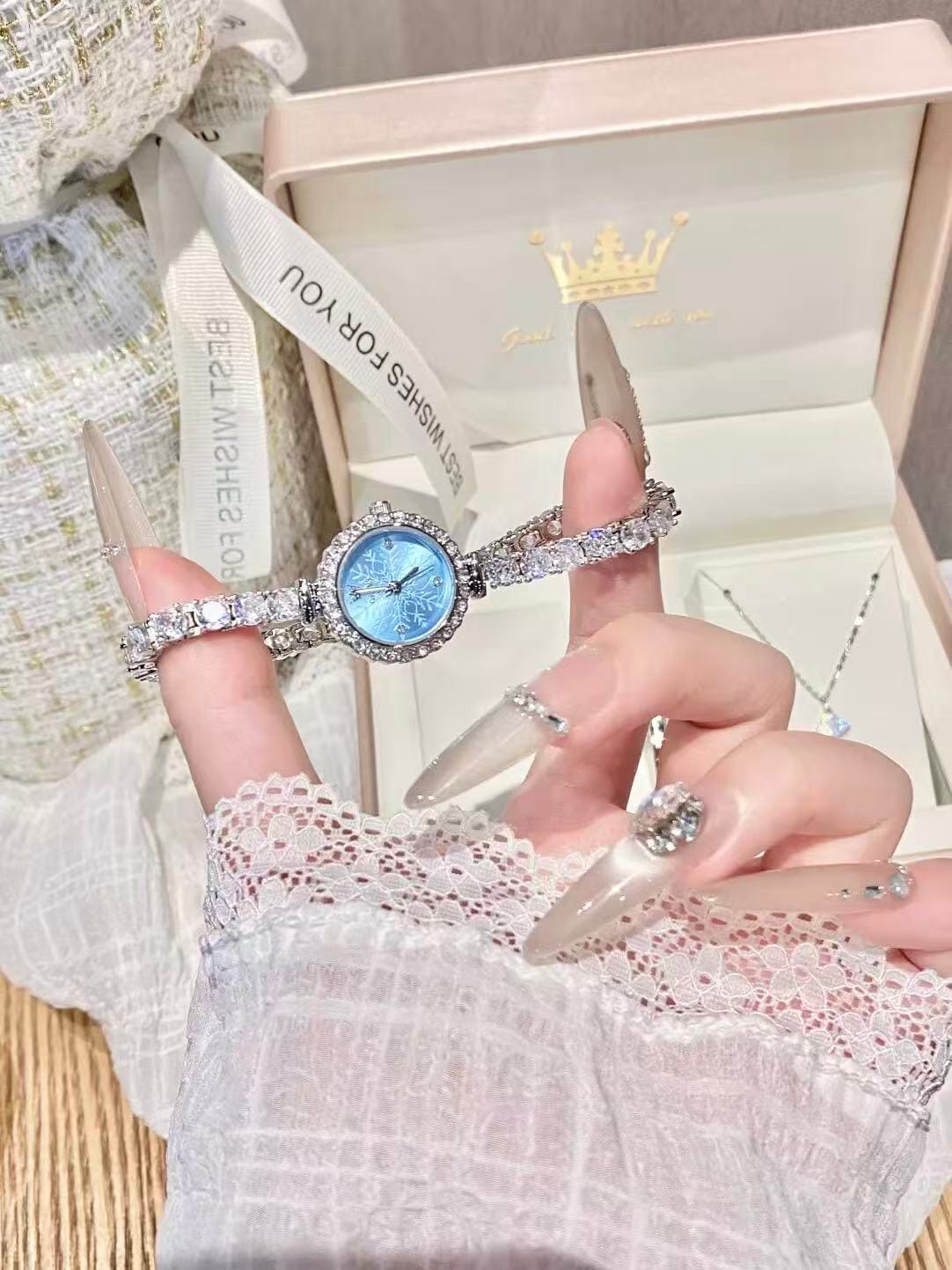 Elegant Crystal-Accented Watch for Women - Frosted Dial in Silver Blue, White & Pink