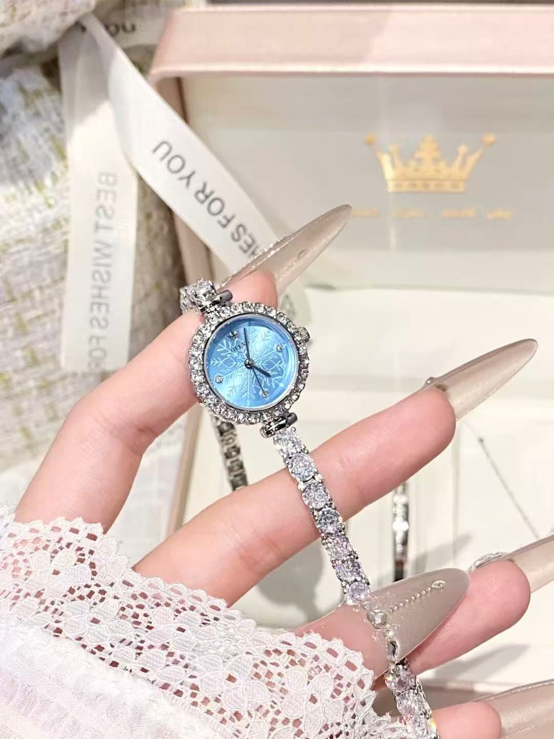 Elegant Crystal-Accented Watch for Women - Frosted Dial in Silver Blue, White & Pink