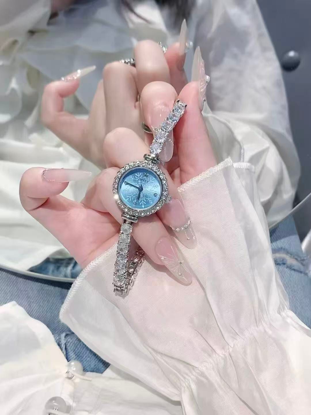 Elegant Crystal-Accented Watch for Women - Frosted Dial in Silver Blue, White & Pink