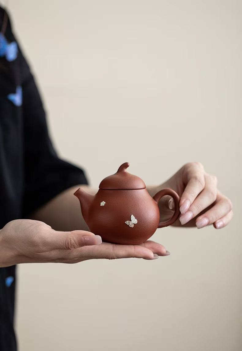 Handcrafted Yixing Zisha Eggplant Teapot with Silver Repair Art - Gongfu Tea Ceremony Pot