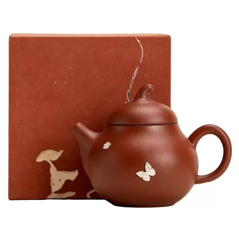 Handcrafted Yixing Zisha Eggplant Teapot with Silver Repair Art - Gongfu Tea Ceremony Pot
