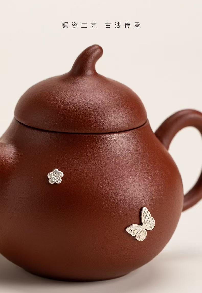 Handcrafted Yixing Zisha Eggplant Teapot with Silver Repair Art - Gongfu Tea Ceremony Pot