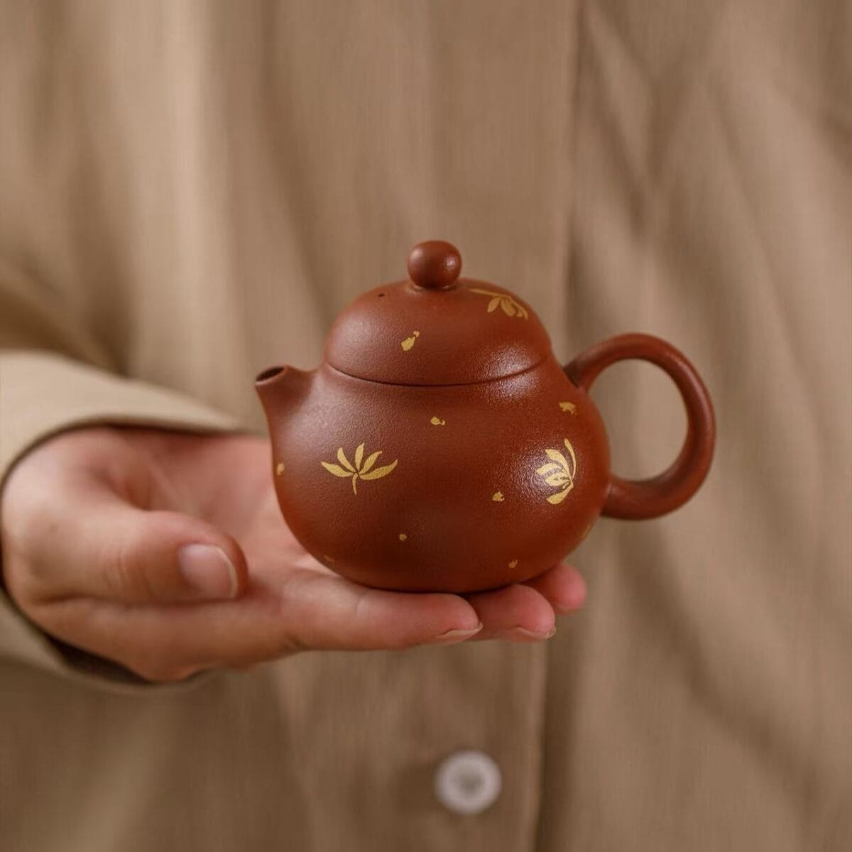 Junxistea Handcrafted Yixing Zisha Wendan Teapot with Orchid Gold Foil - 100ml Gongfu Tea Pot Yixing teapot