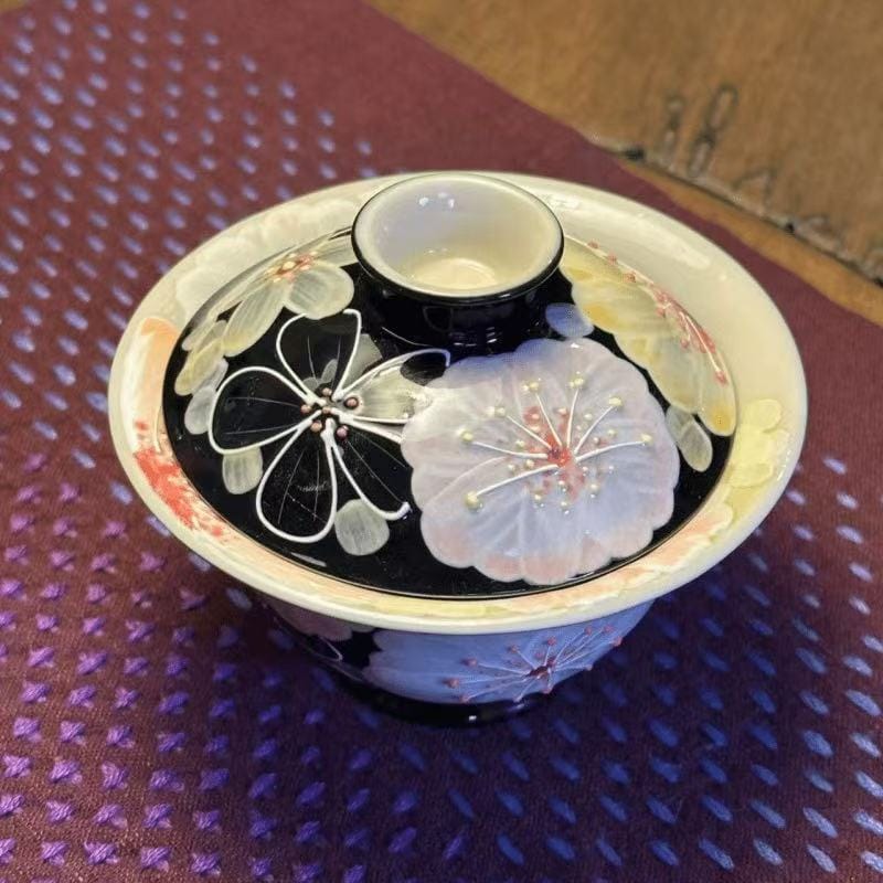 Jingdezhen Fahua Enamel 2 Cai Gaiwan - Hand-Painted Famille Rose with Relief Decoration