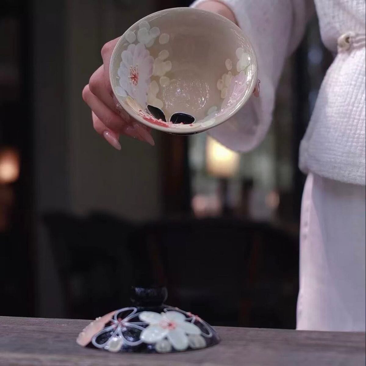 Jingdezhen Fahua Enamel 2 Cai Gaiwan - Hand-Painted Famille Rose with Relief Decoration