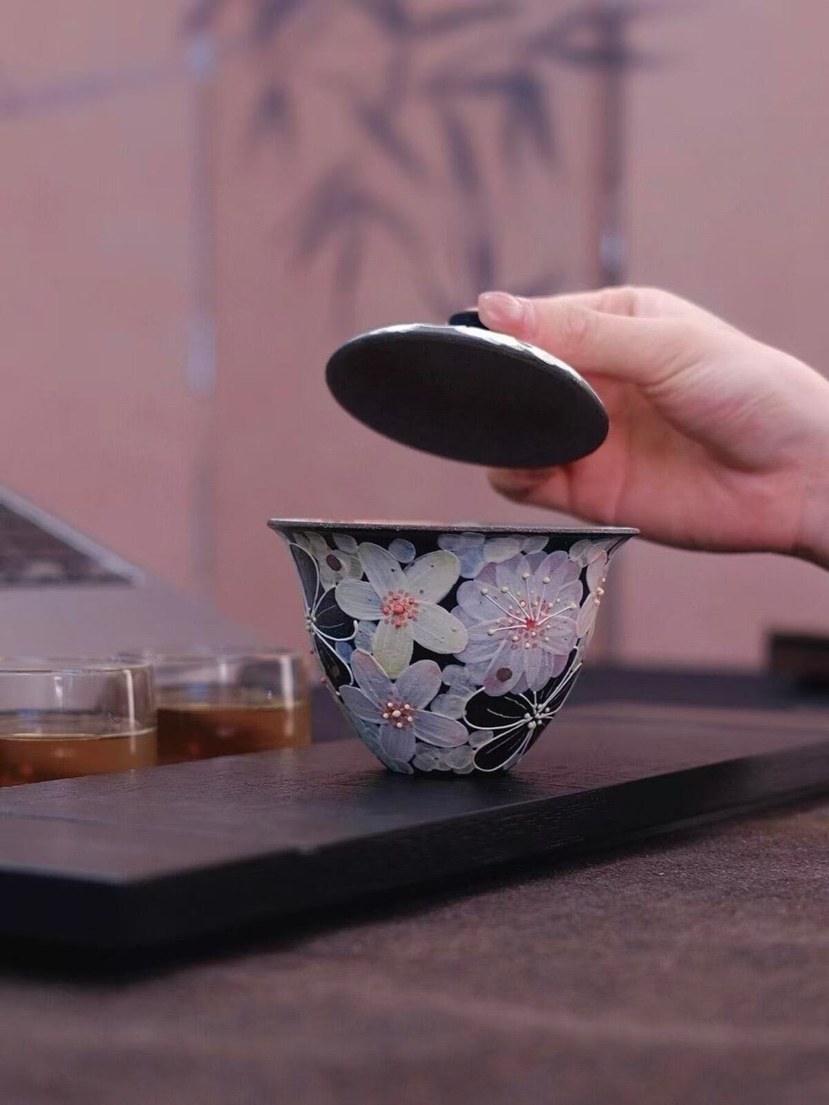 Jingdezhen Fahua Enamel 2 Cai Gaiwan - Hand-Painted Famille Rose with Relief Decoration