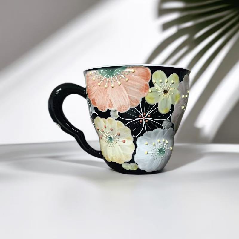 Hand-Painted Floral Black Mug - 250ml Antique Clay Coffee & Tea Cup