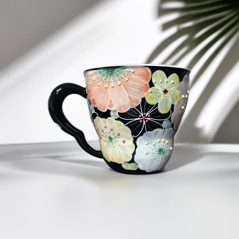 Hand-Painted Floral Black Mug - 250ml Antique Clay Coffee & Tea Cup