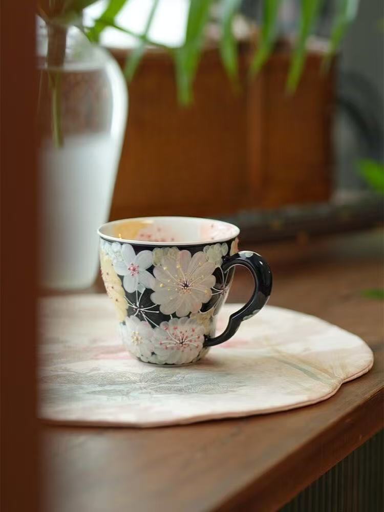 Hand-Painted Floral Black Mug - 250ml Antique Clay Coffee & Tea Cup