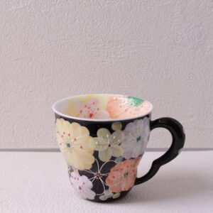 Hand-Painted Floral Black Mug - 250ml Antique Clay Coffee & Tea Cup