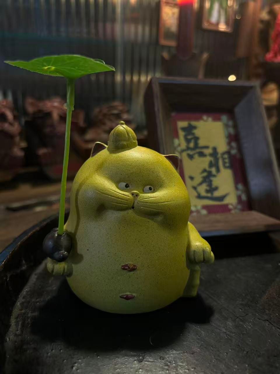 Zisha Clay Cat Tea Pet Holding Mini Teapot - Handmade Yixing Disha Clay Sculpture & Incense Holder