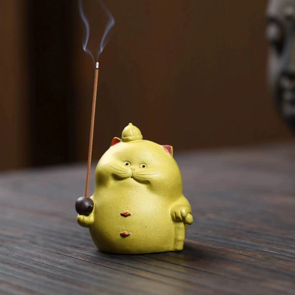 Zisha Clay Cat Tea Pet Holding Mini Teapot - Handmade Yixing Disha Clay Sculpture & Incense Holder