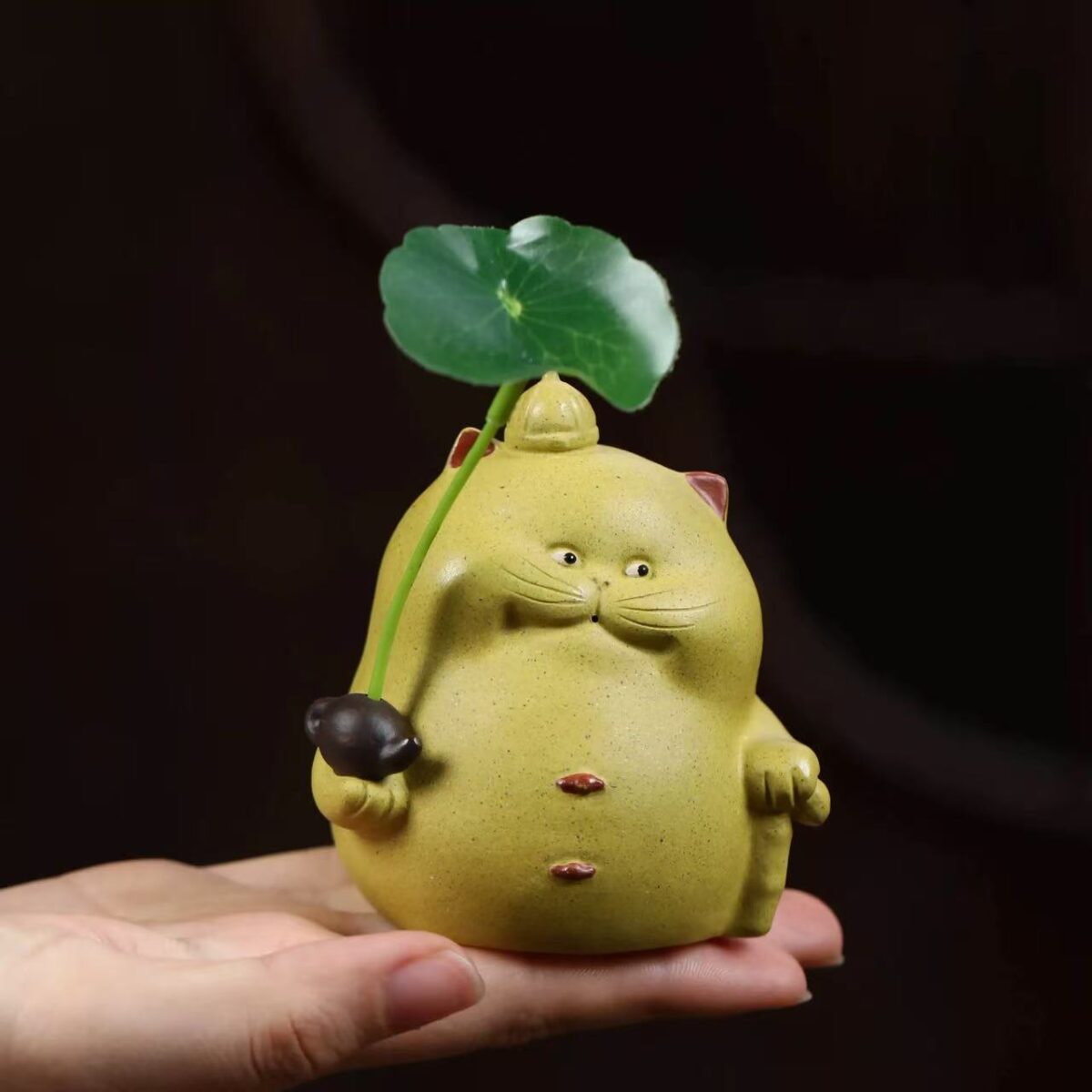 Zisha Clay Cat Tea Pet Holding Mini Teapot - Handmade Yixing Disha