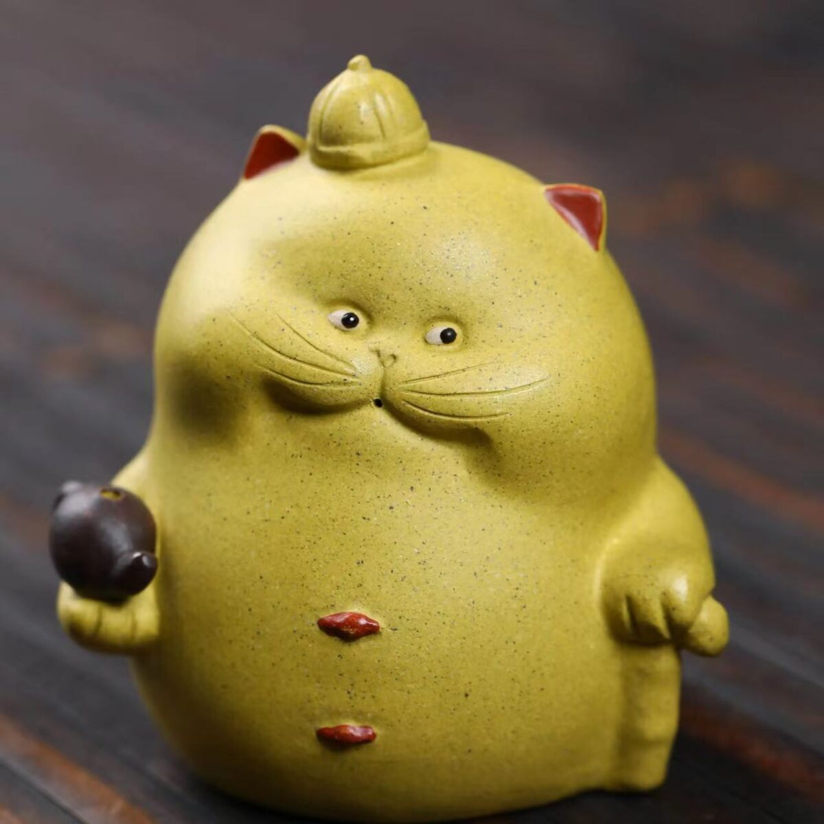 Zisha Clay Cat Tea Pet Holding Mini Teapot - Handmade Yixing Disha