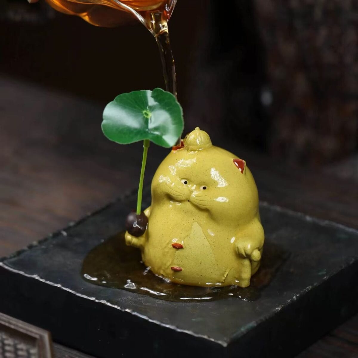 Zisha Clay Cat Tea Pet Holding Mini Teapot - Handmade Yixing Disha Clay Sculpture & Incense Holder