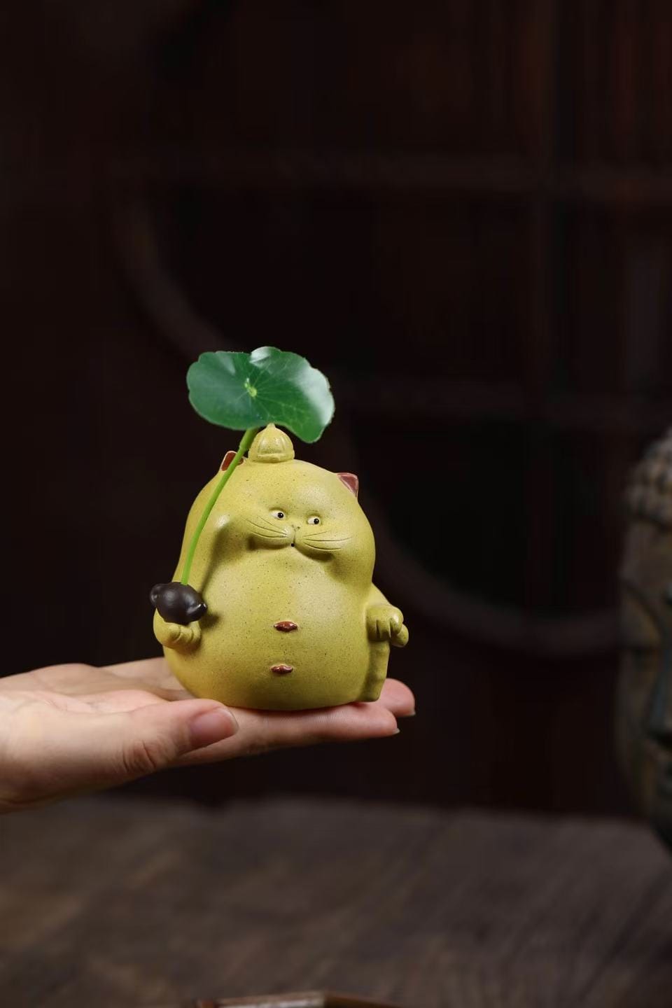 Zisha Clay Cat Tea Pet Holding Mini Teapot - Handmade Yixing Disha Clay Sculpture & Incense Holder