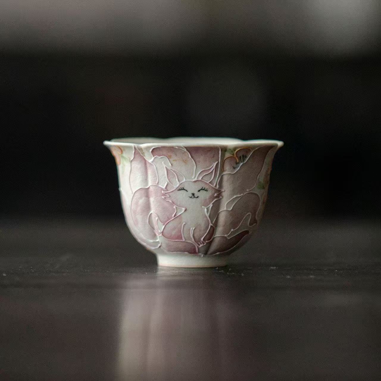 Hand-Painted Nine-Tailed Fox Tea Cup - Firestone Red Glaze Ceramic