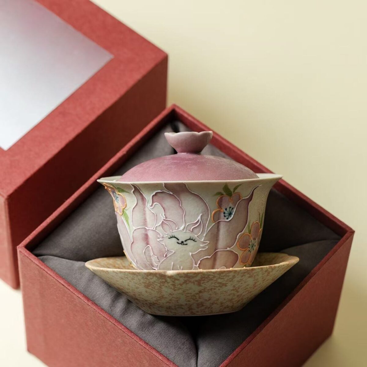 微信图片_20260128193603_1414_6 Firestone Red Glaze Nine-Tailed Fox Ceramic Gaiwan Set - Hand-Painted 3-Piece Gift Box