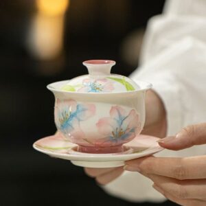 Hand-Painted Peony Arita Ware San Cai Gaiwan - Ceramic Three-Piece Tea Set