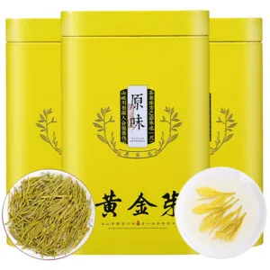Close-up of Golden Bud (Huang Ya) green tea leaves showing yellow color, Two elegant tins inside the Golden Bud green tea gift box, Brewed liquor of Anji Golden Bud tea Golden Bud green tea gift box