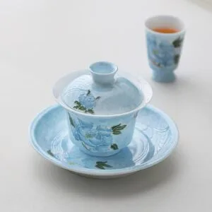 Junxistea Hand Carved Gaiwan - 3 Piece Relief Carving & Hand-Painted Ceramic Set hand carved gaiwan