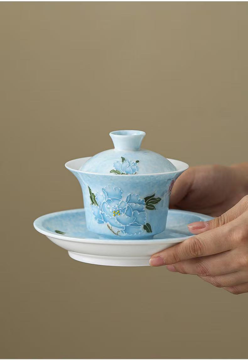 微信图片_20260131202148_1616_6 Hand-Painted Relief Carving Ceramic Gaiwan Set - Artistic Tea Set with Saucer