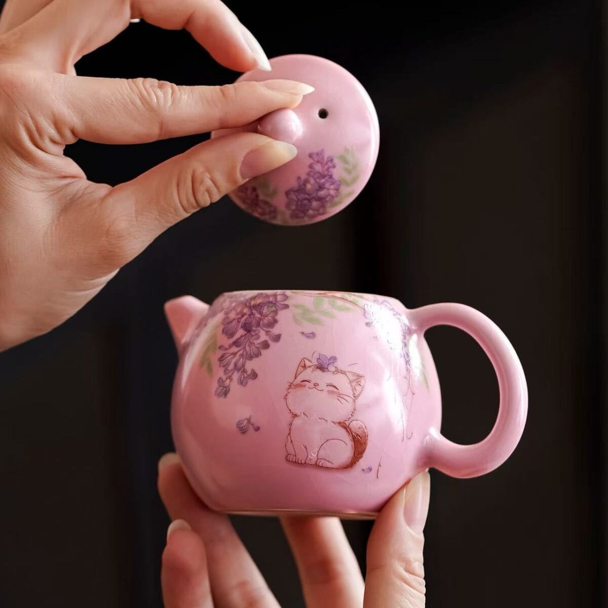 Crackle Glaze Tea Set - Stunning Fen Ru Yao Ceramic with Cat & Wisteria 5-Piece