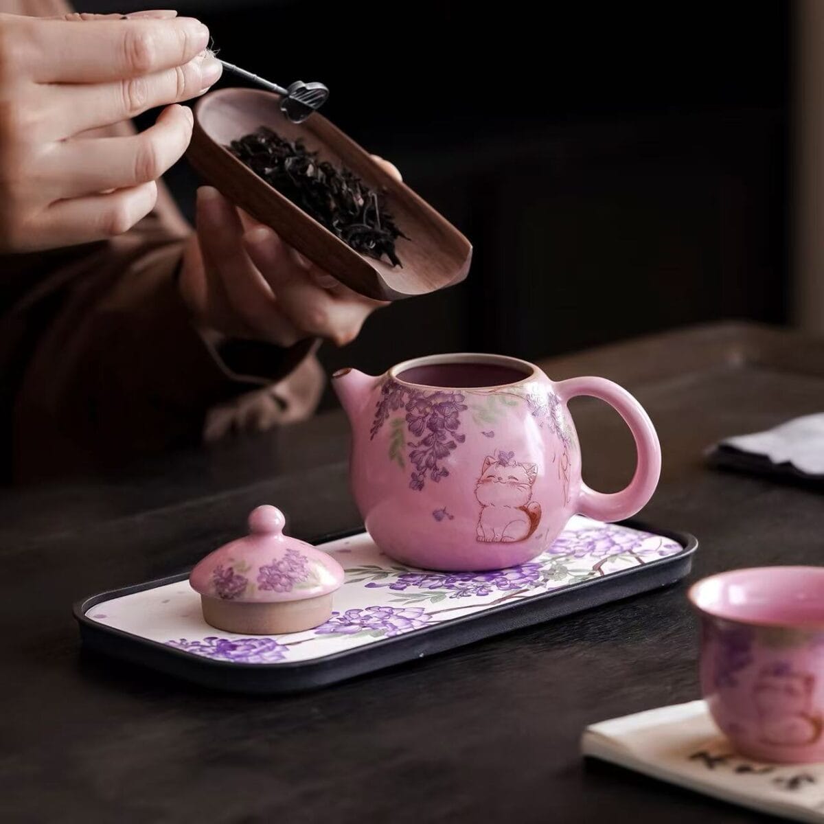 Crackle Glaze Tea Set - Stunning Fen Ru Yao Ceramic with Cat & Wisteria 5-Piece